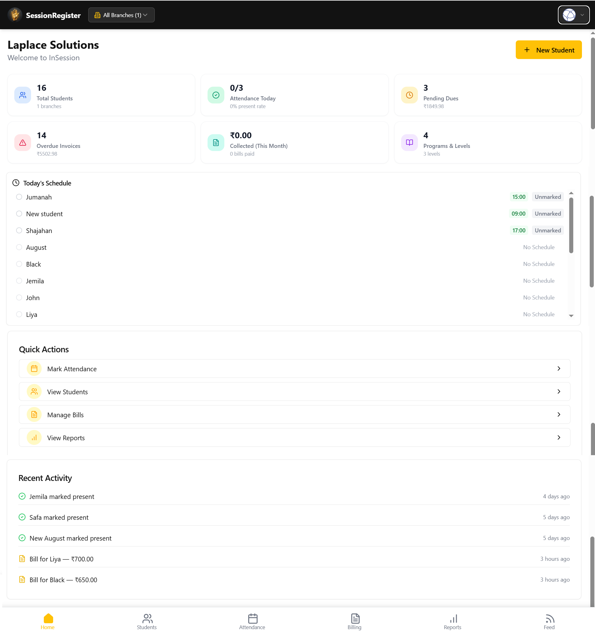 SessionRegister dashboard showing student attendance and class management